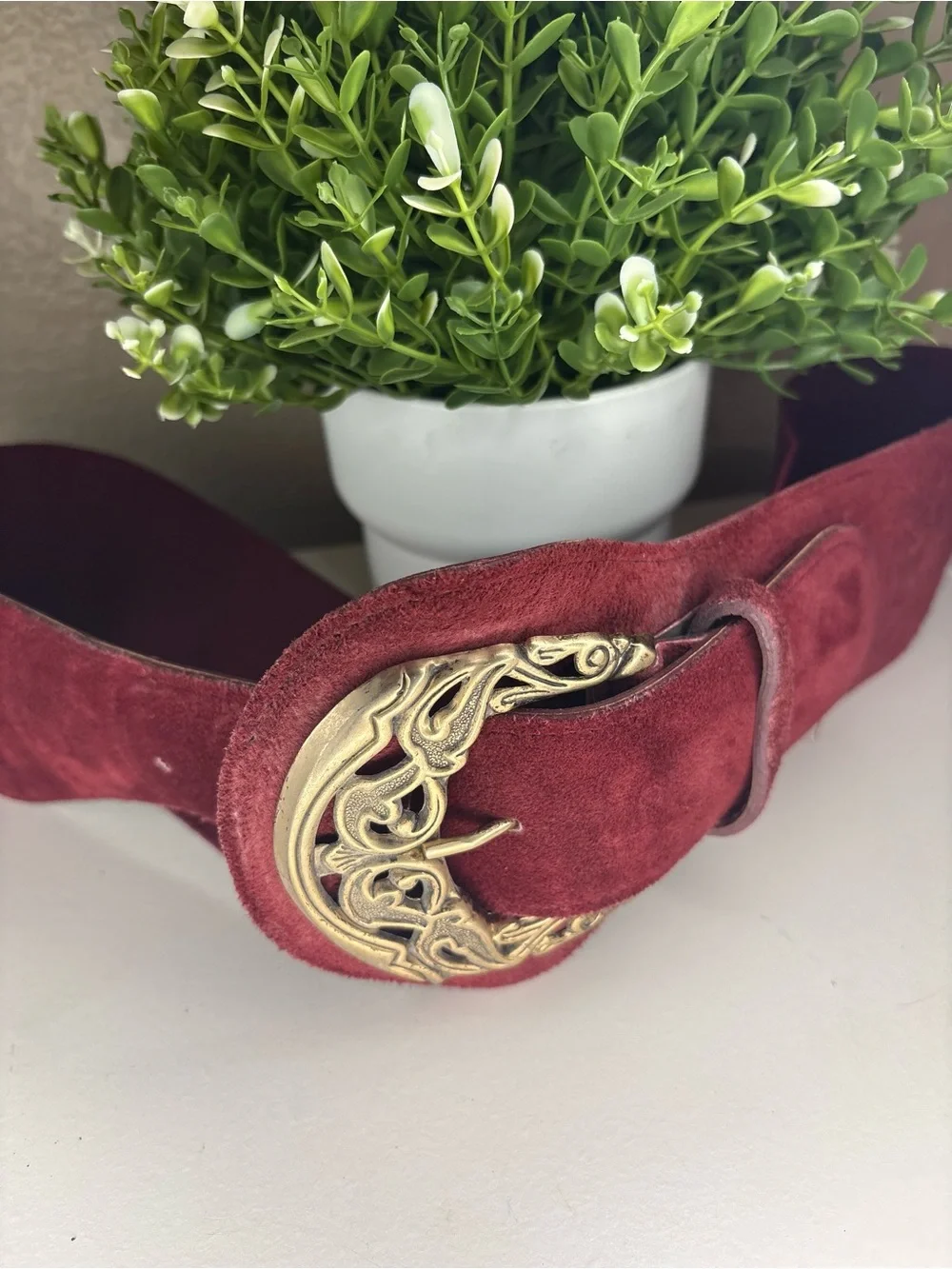 Wide Suede genuine leather Belt with Ornate Gold Buckle - BurgundyL/M
